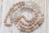 GMN6454 Hand-knotted 8mm, 10mm sunstone, white crystal & white jade 108 beads mala necklaces