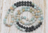 GMN6463 Hand-knotted 8mm, 10mm matte amazonite & black lava 108 beads mala necklaces