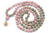 GMN6507 Knotted 8mm, 10mm unakite & pink wooden jasper 108 beads mala necklace with charm