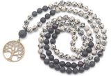 GMN6511 Knotted 8mm, 10mm dalmatian jasper, black lava & garnet 108 beads mala necklace with charm