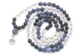 GMN6512 Knotted 8mm, 10mm matte sodalite, white crystal  & black agate 108 beads mala necklace with charm