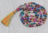 GMN675 Hand-knotted 8mm, 10mm colorfull banded agate 108 beads mala necklaces with tassel