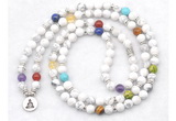 GMN7071 7 Chakra 8mm white howlite 108 mala beads wrap bracelet necklaces