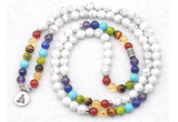 GMN7076 7 Chakra 8mm white howlite 108 mala beads wrap bracelet necklaces