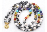 GMN7120 7 Chakra 8mm black & white jasper 108 mala beads wrap bracelet necklaces