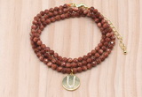 GMN7565 4mm faceted round goldstone beaded necklace with letter charm
