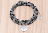 GMN7567 4mm faceted round black rutilated quartz beaded necklace with letter charm