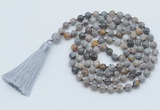 GMN797 Hand-knotted 8mm, 10mm silver needle agate 108 beads mala necklace with tassel