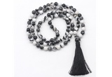 GMN8420 8mm, 10mm black & white jasper 27, 54, 108 beads mala necklace with tassel