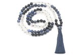 GMN8570 8mm, 10mm matte sodalite, white crystal & black agate 108 beads mala necklace with tassel