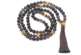 GMN8579 8mm, 10mm black lava, smoky quartz & golden tiger eye 108 beads mala necklace with tassel