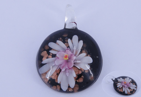 LP44 14*33*45mm flat round inner flower lampwork glass pendants