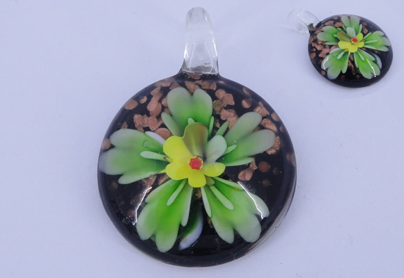 LP48 13*34*48mm flat round inner flower lampwork glass pendants