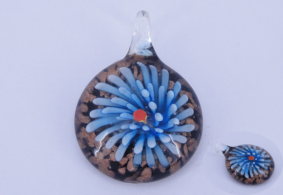 LP50 13*34*47mm flat round inner flower lampwork glass pendants