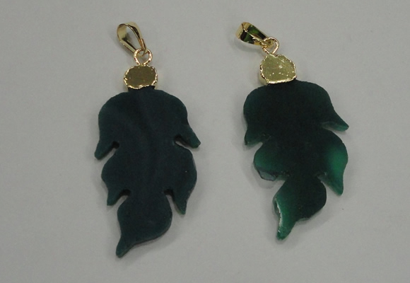 NGP1289 25*55mm leaf green agate pendants with brass setting