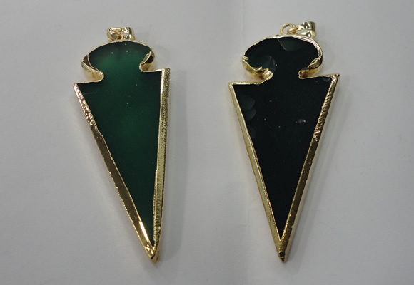 NGP1291 30*65mm green agate pendants with brass setting