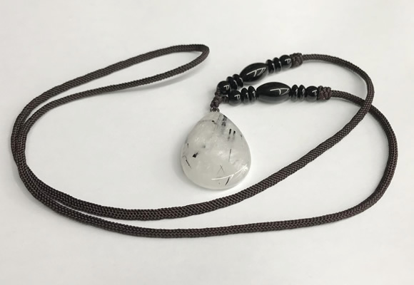 NGP5603 Black rutilated quartz teardrop pendant with nylon cord necklace