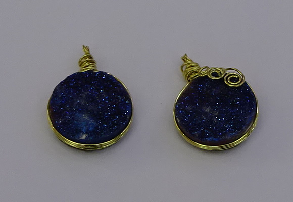 NGP6939 15mm - 16mm flat round plated druzy quartz pendants