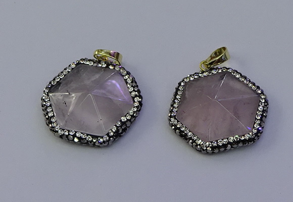 NGP7111 30*30mm hexagon rose quartz pendants wholesale