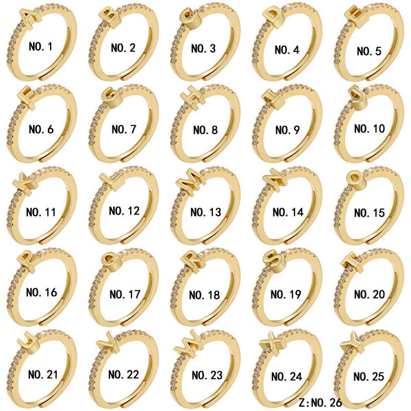 Silv45 21mm 925 sterling silver letter rings pave zirconia gold plated